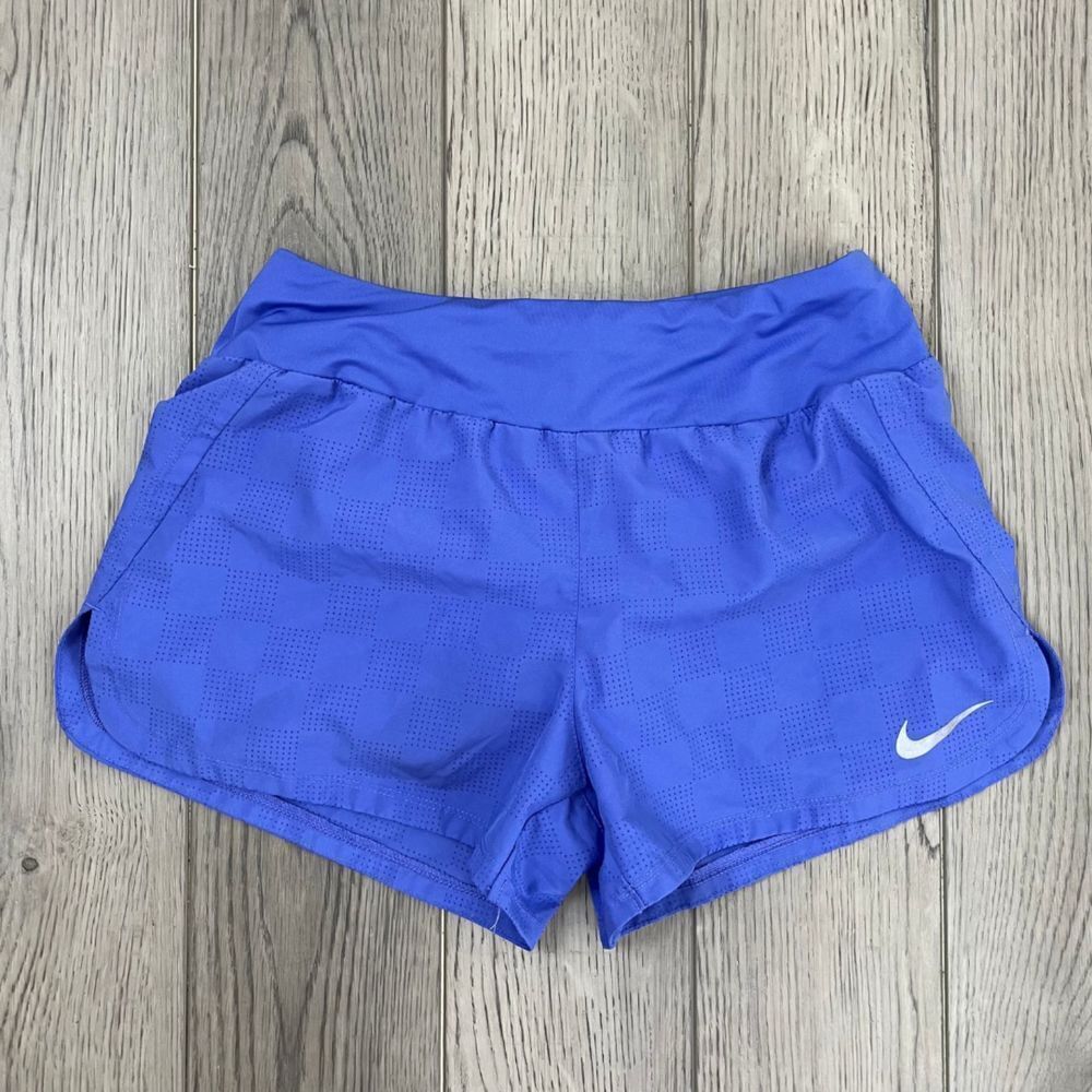Nike Dri Fit Women Size S Purple Blue Perforated Checked Pull On Shorts Athletic
